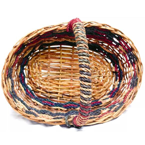 Wicker Frame Basket Red and Green Woven Rope Oval Bamboo Handle 12 x 17 Inches - Picture 2 of 3
